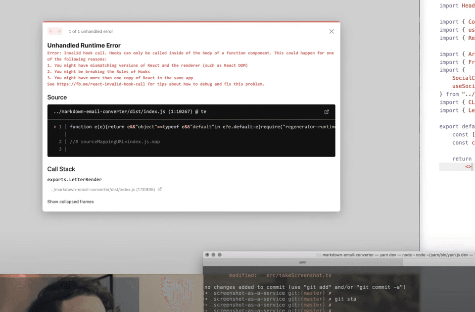 Cryptic error about React hooks