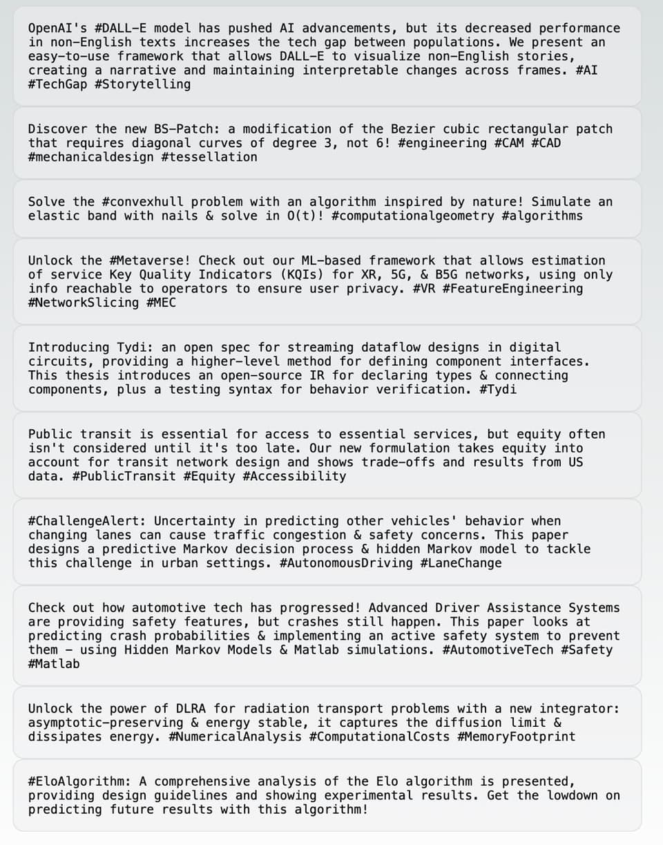 Feed of paper summaries on a page