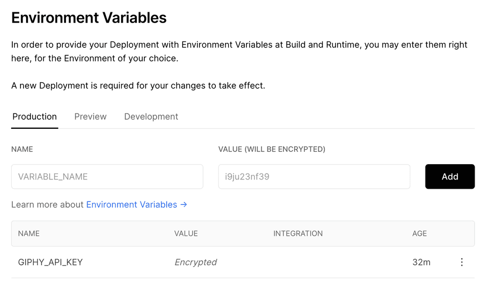 Prod, preview, dev secrets in Vercel