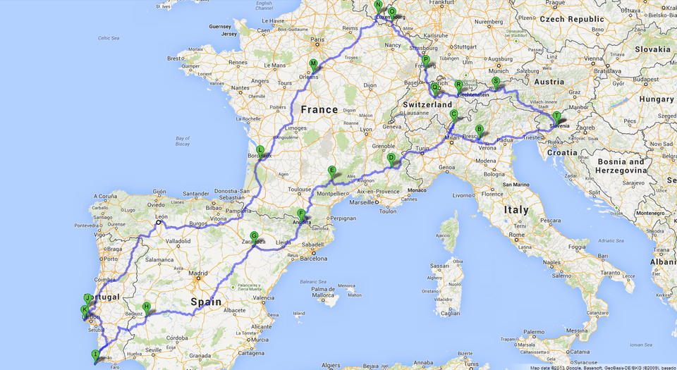 Route of the roadtrip, roughly Route of the roadtrip, roughly