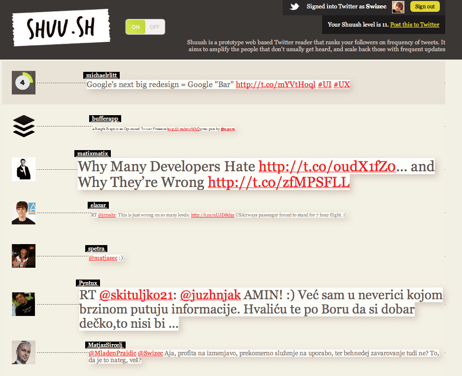 Mousing over a tweet shows the user's score Mousing over a tweet shows the user's score