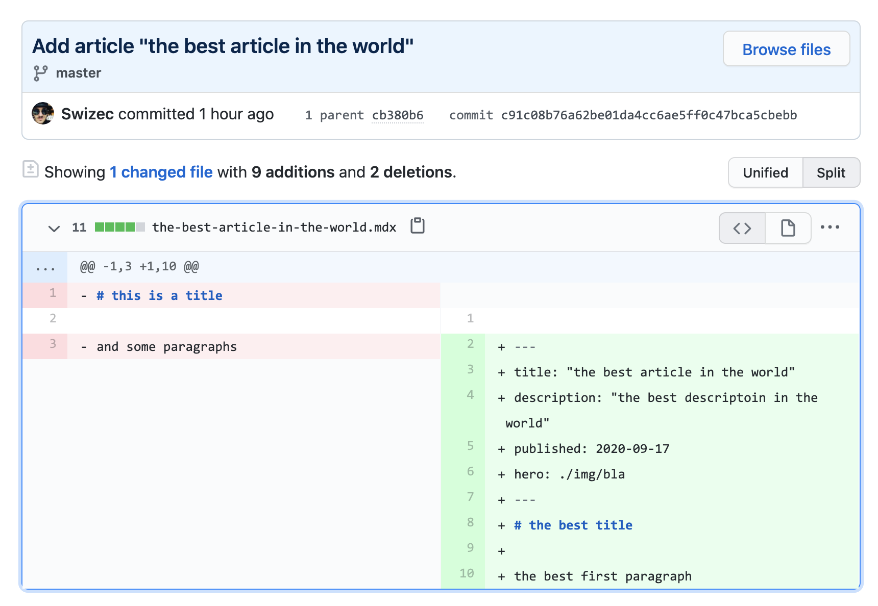 Commit change for a test article