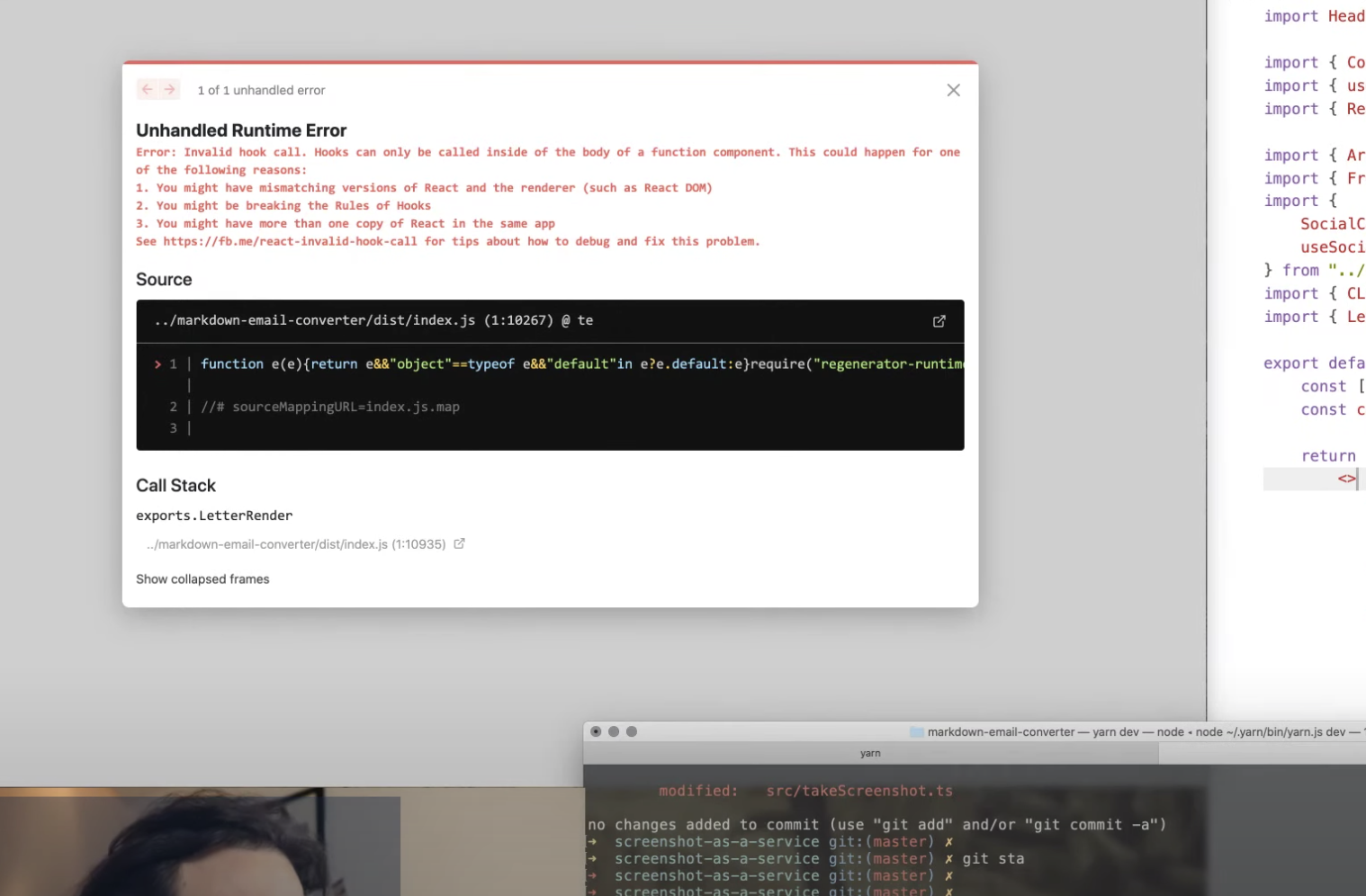 Cryptic error about React hooks