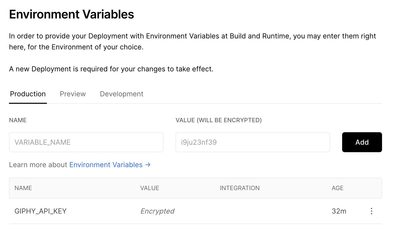 Prod, preview, dev secrets in Vercel