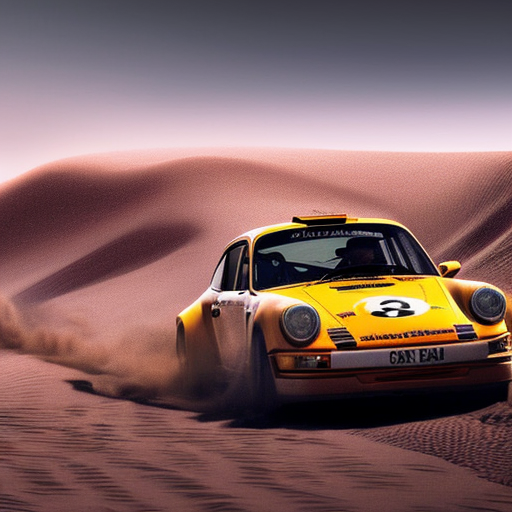 an old porsche 911 rally racing in the sand dunes going very fast during sunset and raising lots of dust photorealistic action shot frontal view