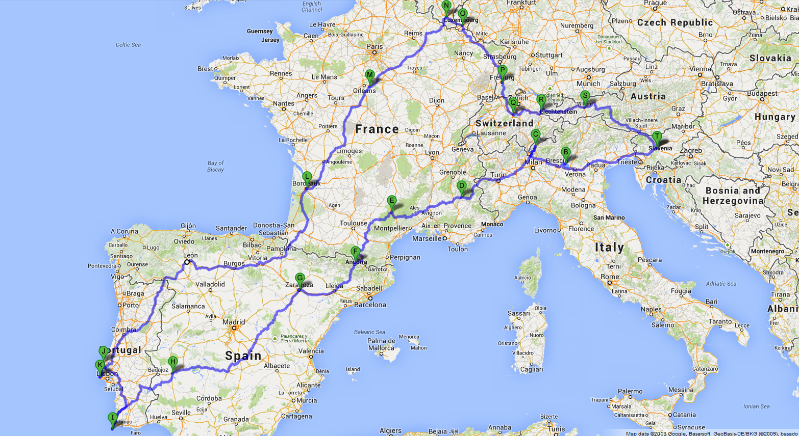 Route of the roadtrip, roughly Route of the roadtrip, roughly